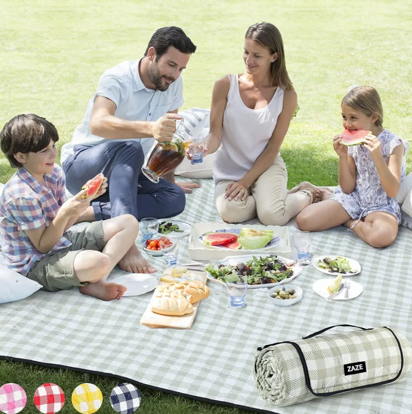 ZAZE Extra Large Picnic Outdoor Blanket, 80''x80'' Waterproof Foldable Blankets Gingham Picnic Mat for Beach, Camping Grass Lawn Park Accessories Cute Couple Gifts Ideas Wedding Registry(Green White)