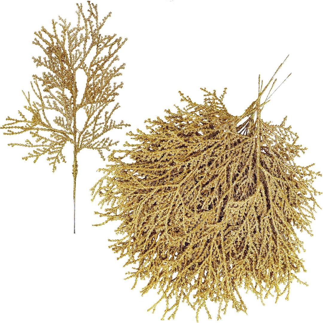 15 Pcs Gold Glitter Artificial Cedar Sprigs Picks Faux Cedar Branches Stems Christmas Tree Picks Sprays 15.4" H for Gold Christmas Tree Wreath Wedding Bouquet Winter Seasonal Holiday Decoration