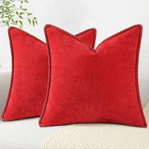 decorUhome Chenille Soft Throw Pillow Covers 18x18 Set of 2, Farmhouse Velvet Neutral Decorative Pillow Covers with Stitched Edge for Couch Sofa Bed Home Decor, Red