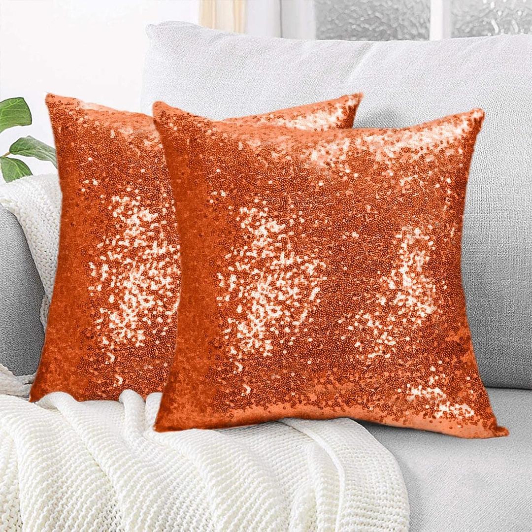 ShinyBeauty Sequin Pillow Case 20x20 2 Pack Orange Glitter Pillows Decorative Sparkles Holiday Throw Pillows for Wedding Home Party (20x20 x2pc, Orange)