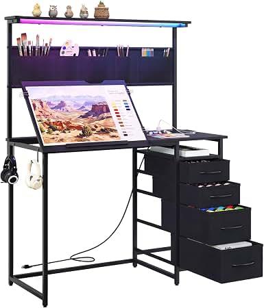 QZJIKE Drafting Table with Storage Drawers & Shelf Adjustable Tilting Art Craft Desk Drawing Painting Sketching Multifunctional Workstation for Home Office