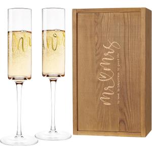 AW BRIDAL Mr and Mrs Champagne Flutes Set of 2, Engagement Gift for Couples and Newlyweds, Bridal Shower Gifts for Bride to Be, Wedding Anniversary Toasting Glasses Set with Wooden Box