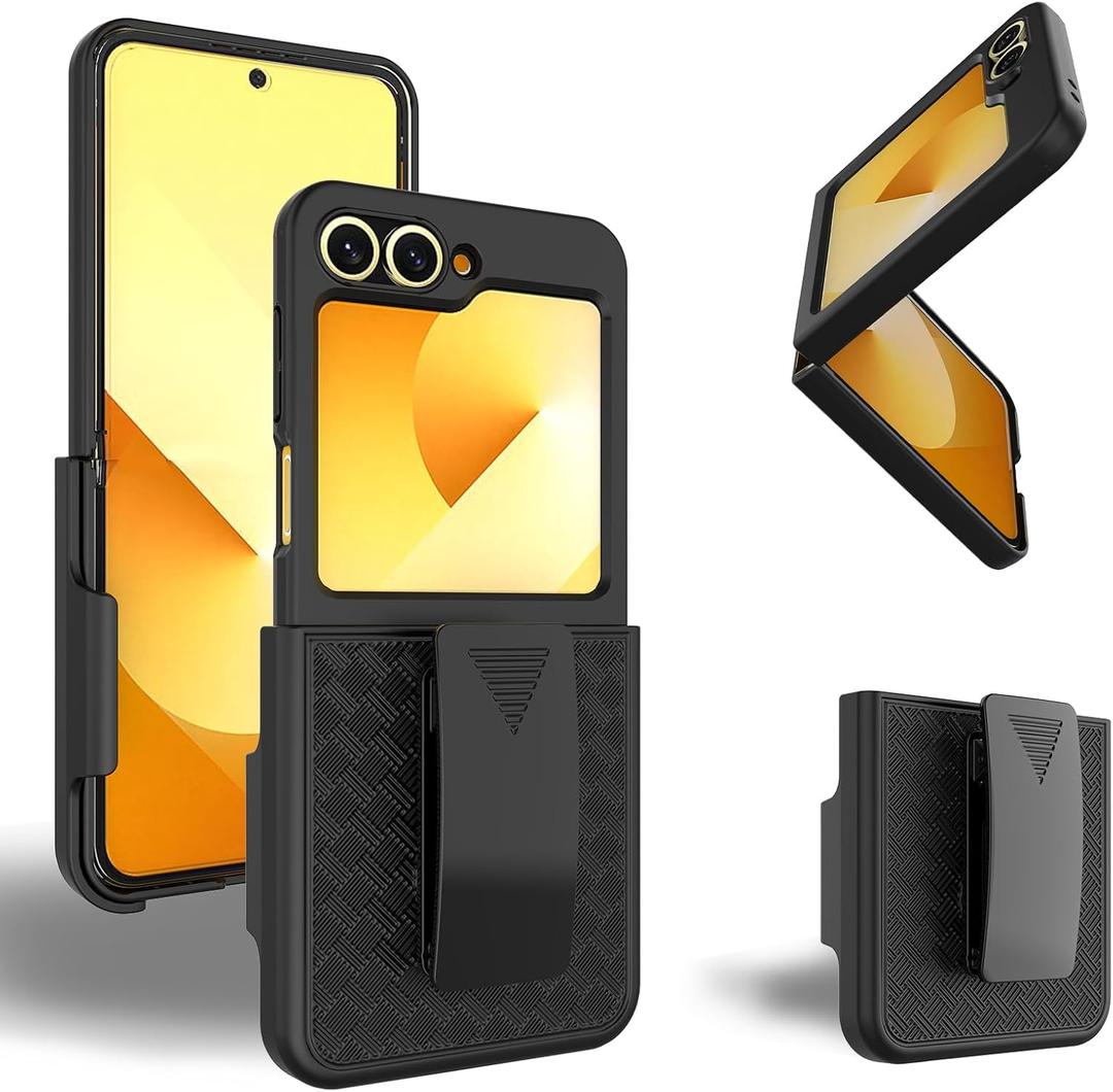 Ailiber for Samsung Galaxy Z Flip 6 Case with Belt Clip, Flip6 Holster Case with Screen Protector, Swivel Kickstand Holder, Slim Shockproof Shell Full Body Pouch Phone Cover for Flip 6-Black