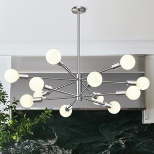 33" Modern Chandelier Ceiling Light Fixture, 12-Light Sputnik Chandeliers Brushed Nickel Mid Century Chandelier Over Table, Height Adjustable Chandeliers for Dining Room Living (Bulbs Not Included)