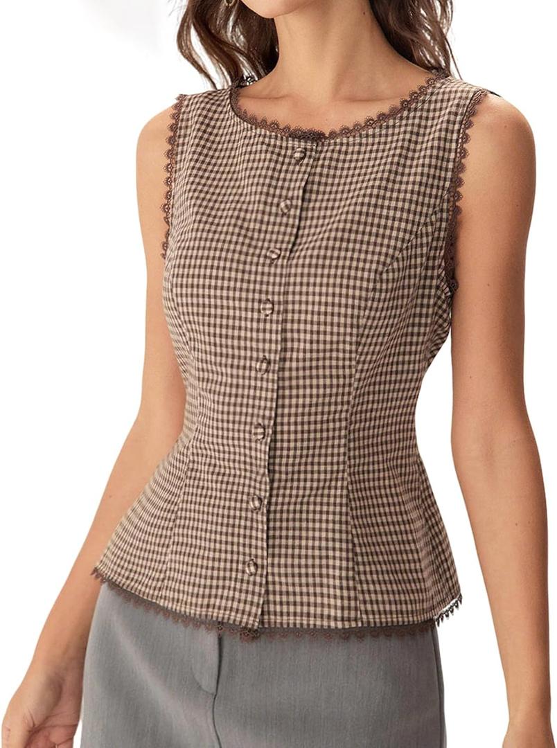 RIHOAS Women's Brown Plaid Sleeveless Button Down Blouse - Lace Trim Fitted Waist Business Casual Work Tops for Spring Summer, XS
