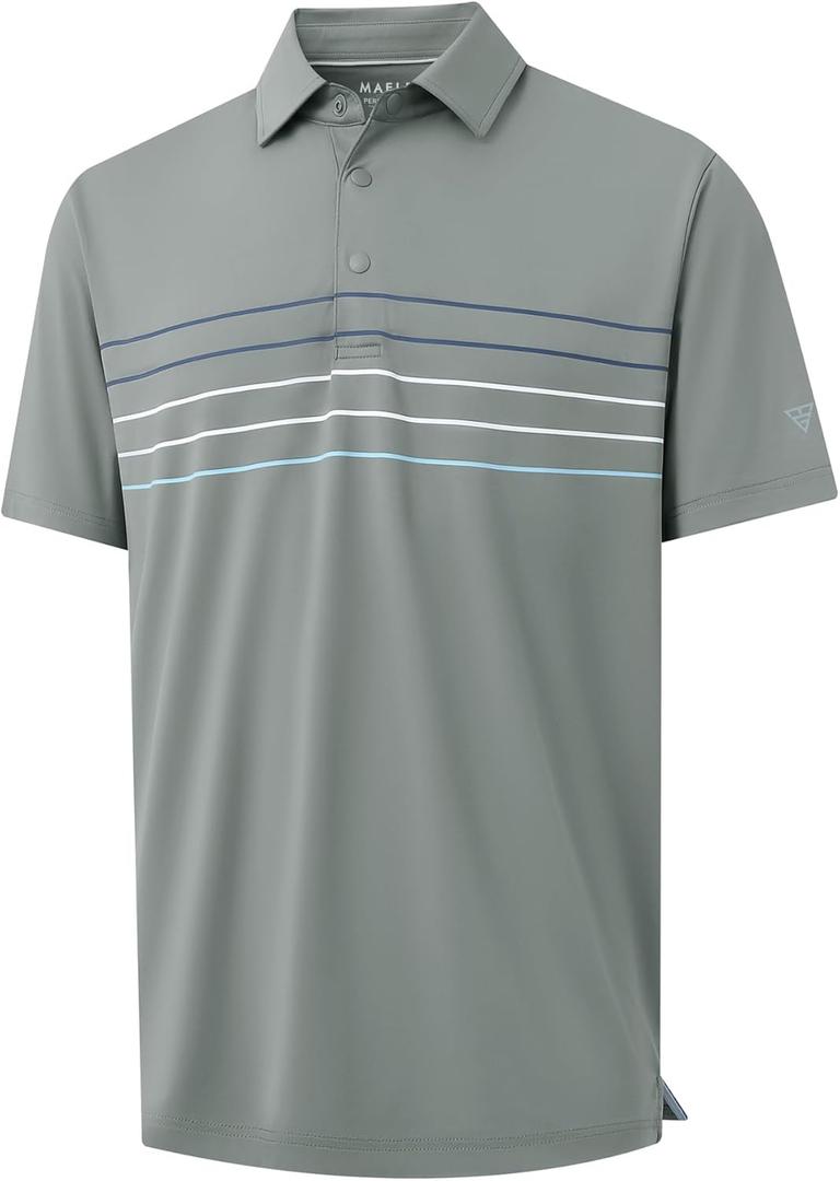 M MAELREG Mens Golf Shirts Short Sleeve Chest Print Stripe Moisture Wicking Dry Fit Casual Collared Mens Polo Shirts (X-Large, Light Grey)