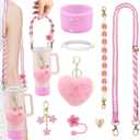 8PCS Stanley Cup Accessories Set, Adjustable Water Bottle Shoulder & Handle Strap, Glitter Protective Boot, Heart Shape Pompom Ball,Straw Topper Cover & Charms for Stanley 30oz 40oz Tumbler (Pink)