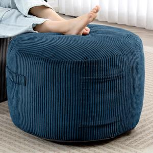 Round Stuffed Pouf Ottoman,Corduroy Foot Rest with Rebound Foam Filled, Furry and Fluffy Foot Stool Ottoman,26"*18" Floor Poufs for Living Room (Blue, 26" D x 26" W x 18" H)