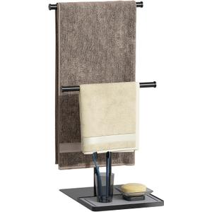 NADAMOO Towel Holder Stand, Adjustable Height 13.8"-24" Freestanding Double Bar Towel Rack with Stone Drying Tray, Wide Weighted Base, Rustproof Black Metal, for Bathroom, Kitchen Countertop