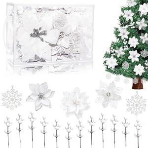 SWNAWE 59PCS White Christmas Tree Decorations Set, Artificial Christmas Picks, Christmas Tree Filler, Ornaments, Artificial Poinsettia Flowers for Holiday Party Table Xmas Tree Decor