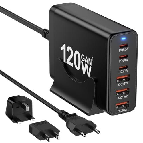 European USB C Charger Station Fast Charging Hub Europe Travel Power Adapter Multiple 6 Multi Port 120W GaN PD QC Block EU UK US Plug for Apple iPhone Samsung Pixel 65W Laptop MacBook Pro Air Surface