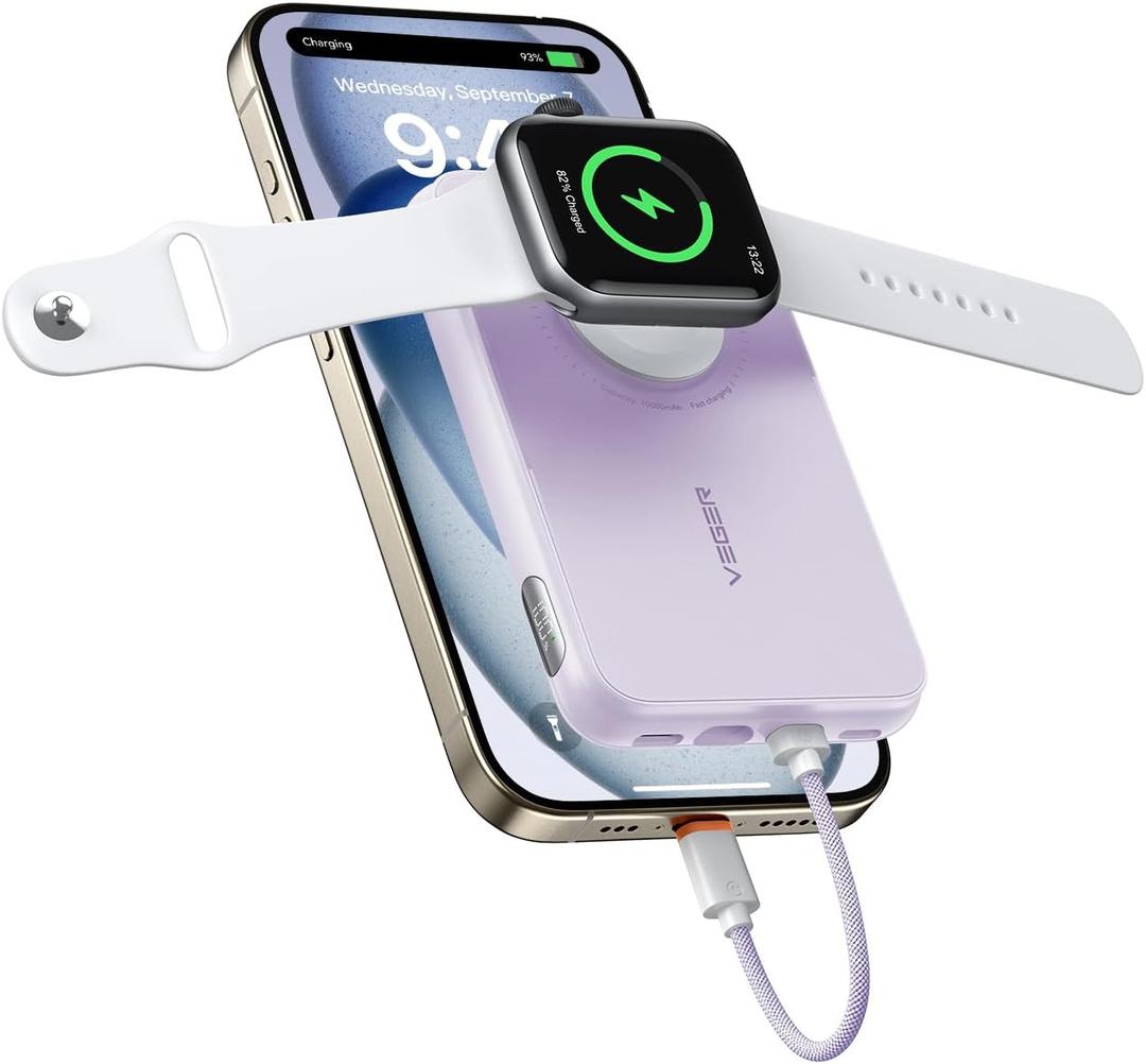 VEGER Portable Charger with Built in Cable(Removable), 10000mAh Mini Power Bank Battery Pack, PD 20W Fast Charger Travel Accessory Compatible with iPhone 15/14/13 Pro Max, Sumsang, Apple Watch-Purple