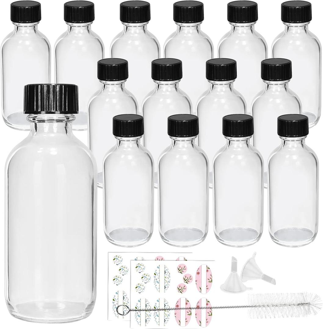 15 Pack Glass Clear Boston Bottles with Black Poly Cone Cap, 2 oz Round Glass Bottle for Essential Oil, Perfume and Liquid, Contains 24 Colored Labels, 2 Funnels, 1 Brush (Transparent)