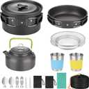 17pcs Camping Cookware Kit, Aluminum Non-Stick Pot, Pan and Kettle Set with 2 Set Stainless Steel Cups Plates Forks Knives Spoons for Backpacking and Hiking Camping