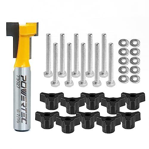 POWERTEC T Track Router Bit & 10 Sets of 1/4" Hex Bolts T-Track Knobs Kit, Tungsten Carbide Tipped T Track Router Bit, 1/4" Shank, 7/16" Dia. for Picture Frames, T Track Accessories (73032)