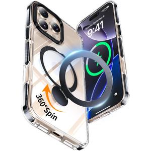 for iPhone 16 Pro Max Case Clear with Kickstand 360Rotatable Invisible Magnetic Ring Stand [Compatible with MagSafe] [Drop Protection] Transparent Slim Phone Grip Cover 6.9 inch, Clear Black