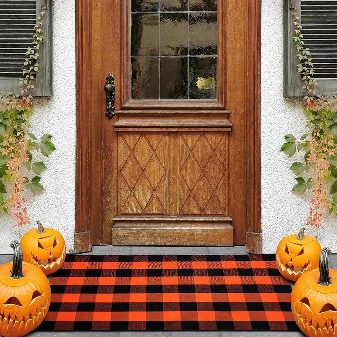 Cotton Orange and Black Plaid Rug - 3 x 5 Ft, Hand-Woven Indoor/Outdoor Layered Cotton Blend Buffalo Plaid Rug, Washable Front Door Mat, Perfect for Porch, Living Room, Entryway