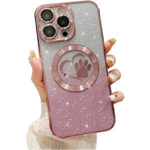 for iPhone 15 Pro Max Case Glitter Clear Paw Love Heart Compatible with MagSafe, Strong Magnetic Full Camera Lens Protection Soft Slim Thin Cute Bling Phone Case - Pink