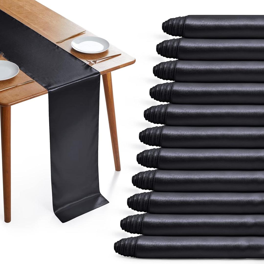 12 Pack Black Satin Table Runners, 13 x 72 Inches Silky Short Table Runner Decor, Bright Smooth Luxury Party Table Runner Decorations for Birthday Holiday Banquet