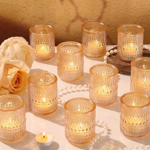 12Pcs Glass Votive Candle Holders, Gold Tea Light Candle Holders Vintage Fall Tealight Candle Holder Bulk for Autumn, Thanksgiving Table Centerpieces, Christmas Decor (Gold)