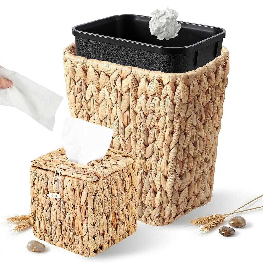 BSSN Wicker Waste Basket and Square Tissue Box Cover Set - Handwoven Water Hyacinth Trash Can with Removable Inner Bucket, Waterproof Boho Decor for Bathroom, Office (2.1 Gal, 5.9" Cube)