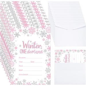 25 Pcs Winter Onederland Birthday Party Invitations with Envelopes First Birthday Decorations Winter Snowflakes Silver Pink Invitations for Holiday Winter 1st Birthday Party Supplies, 4 x 6 Inch