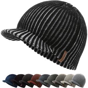 zowya Brim Beanie Hat for Men & Women Warm Winter Skully Cap Daily Visor Beanie Thick Billed Hats Winter Hats with Brim Vintage Acrylic Contrast Color (Black)