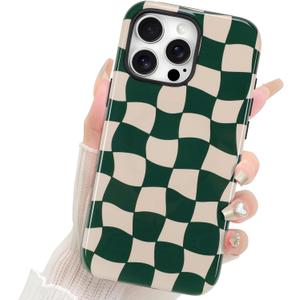 Fiyart Designed for iPhone 16 Pro Max Case Cute Trendy Aesthetic Checkerboard Pattern Compatible with MagSafe Checkered for Women Girls Hard Phone Shockproof Cover 6.9",Green Checkered