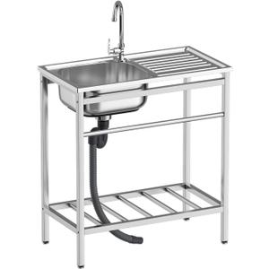 Free Standing Single Bowl Kitchen Sink, Lightweight Stainless Steel Utility Sink with Dual-inlet Design Faucet for Kitchen, Garage, Backyard, 29.52x15.74x29.53inch