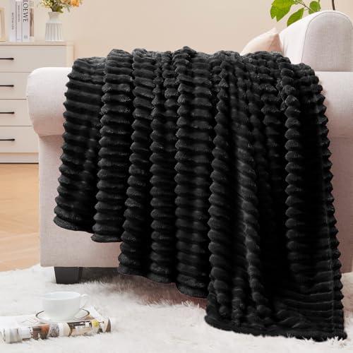 BEDELITE Fleece Blanket Twin Size – 3D Ribbed Jacquard Soft and Warm Decorative Fuzzy Blankets – Cozy, Fluffy, Plush Lightweight Throw Blankets for Couch, Bed, Sofa(Black, 60x80 inches)