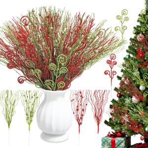 Celltestria 36pcs Christmas Tree Picks Decoration Ornaments 17’’ 12’’ Artificial Red Green Glitter Berry Stems Fake Candy Pick Branches for Xmas Trees Vase Filler Wreath Craft Decor