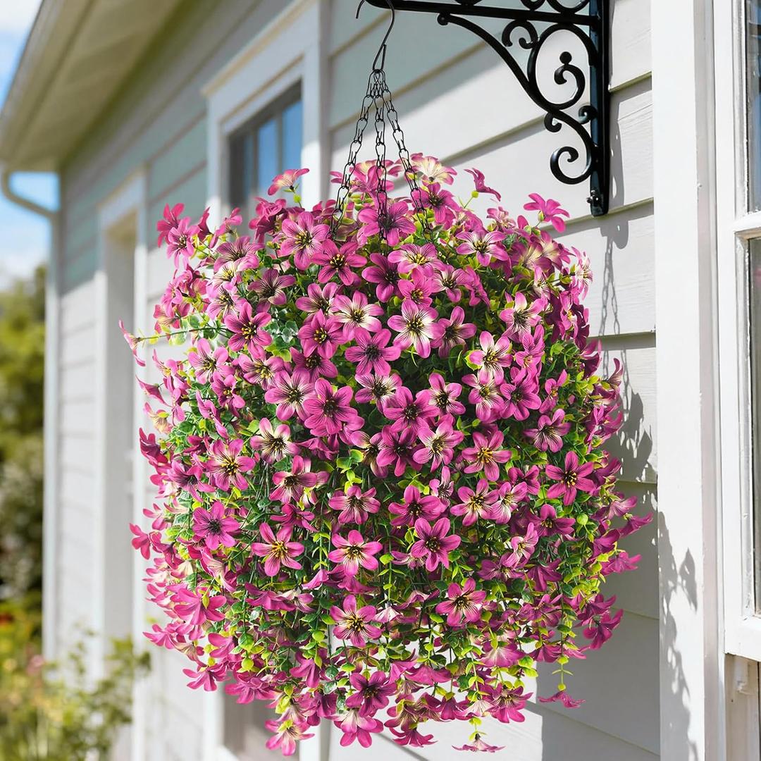 Artificial Hanging Baskets Outdoor, 4 Bundles Artificial Hanging Flowers Outdoors Spring Summer Decoration, No Fade Realistic Fake Hanging Baskets for Porch Patio Balcony Home Yard Decor