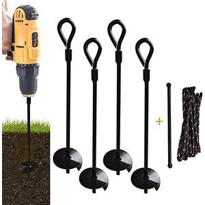 MIXXIDEA 15 inch 4 Pack Ground Anchor Stakes, Dual-Purpose Heavy Duty Metal Earth Augers for Tents, Canopies, Trampoline Sheds, Car Ports, Swing Sets, Small Buildings (Black-4 Pack)