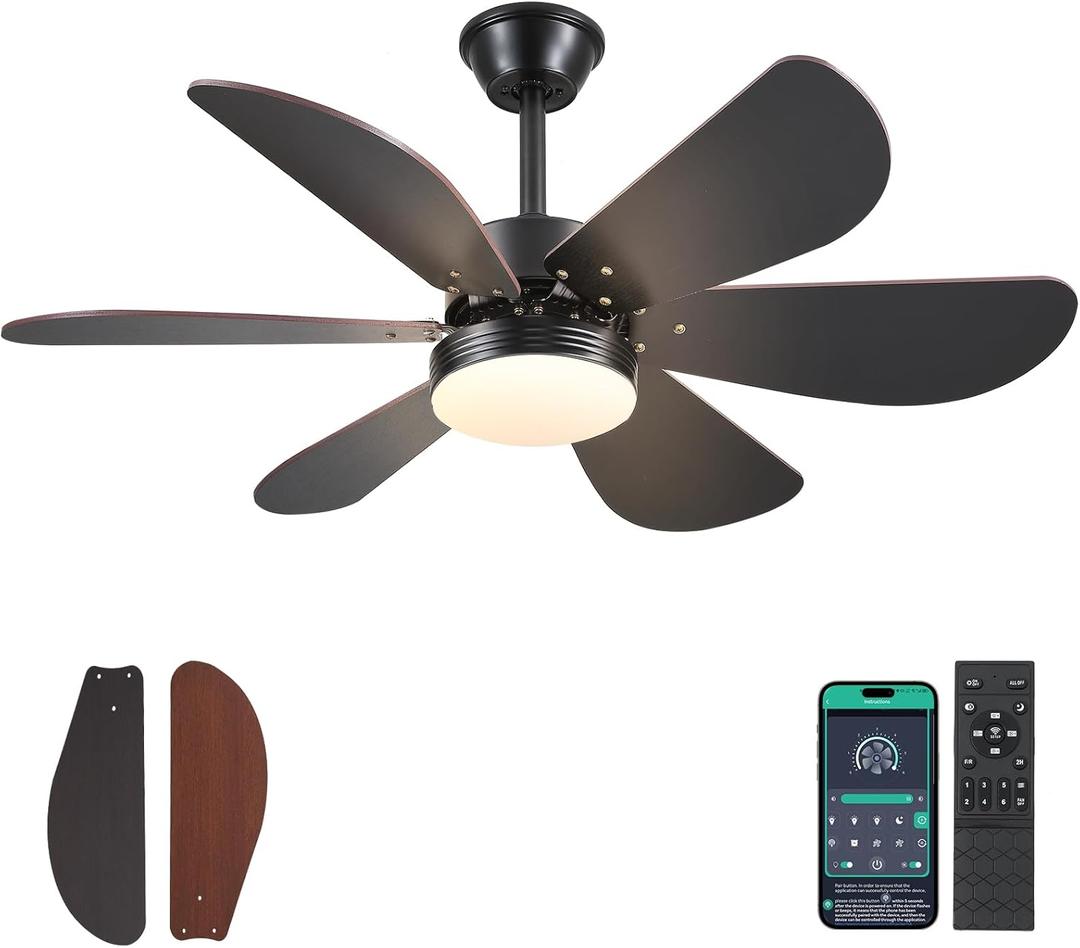Black Ceiling Fans with Lights and Remote,42" Modern Bedroom Ceiling Fans Light with 6 Reversible Wood Blades,Small Fans with Light for Patio Kitchen