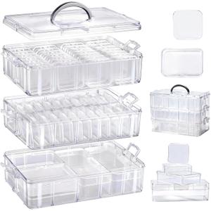 Bead Containers Storage Box for Art Craft Storage,3-Tier Stackable Storage Organizers,61pcs Pieces Plastic Storage Cases Mini Clear Bead Storage Containers Transparent Boxes