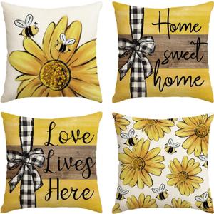 4 x AVOIN colorlife Home Sweet Home Bee Sunflower Throw Pillow Covers, 16 x 16 Inch Love Lives Here Spring Summer Stripes Cushion Case for Sofa Couch Set of 4