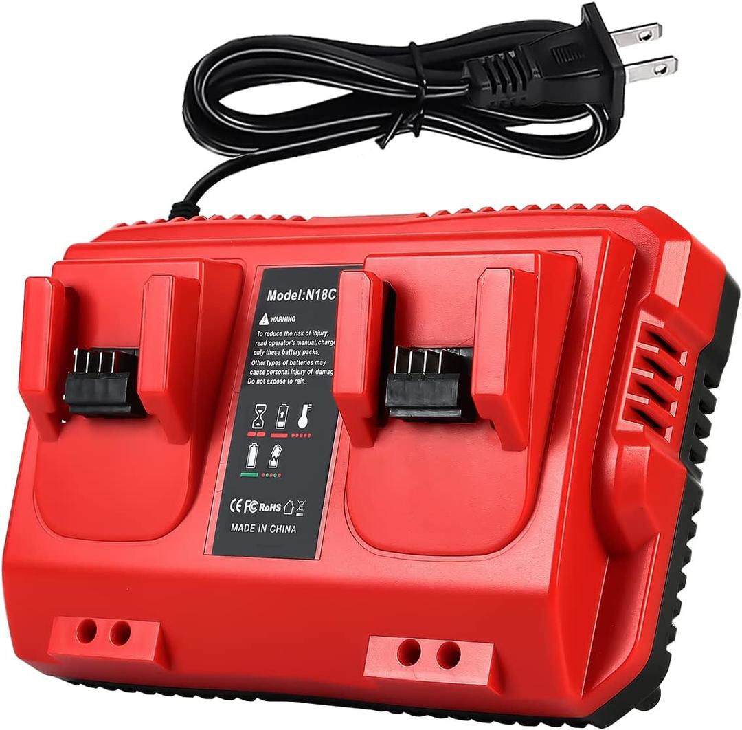 18V Rapid Charger Replacement for Milwaukee M18 Battery Charger Station 2Ports 48-59-1802 48-59-1812 Compatible with M-18 48-11-1850 48-11-1840 48-11-30 48-11-20 (Red)