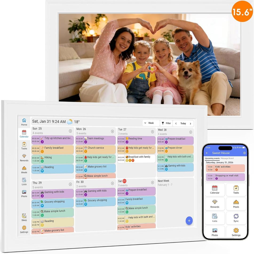 Digital Calendar, 15.6-inch Smart WiFi Electronic Calendar Wall Planner & Chore Chart, Interactive Touch Screen HD Display for Family Schedules, Meal Plan, Photo Display, Desktop & Wall Mountable