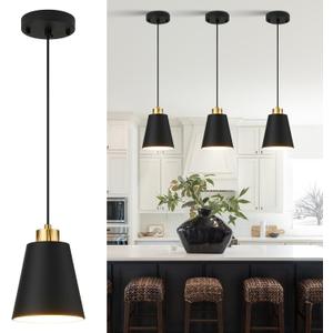 Matte Black Mini Pendant Light 7.87in Cone Kitchen Island Pendant Lighting with Gold Modern Hollow Shade Hanging Light Fixture for Kitchen Dining Room Bar 63" Adjustable Cord, 1 PCS