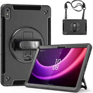 Junfire Protective Case for Lenovo Tab P11 2nd Gen 11.5-inch 2023, Shockproof Rugged Lenovo P11 Gen2 Case TB350FU/TB350XU with 360Rotating Kickstand/Hand Strap/Shoulder Strap-Black