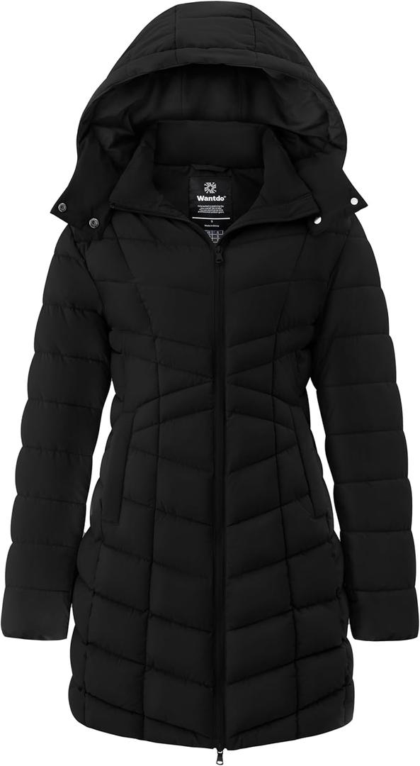 wantdo Women's Puffer Jacket Warm Padded Winter Coat Long Quilted Jacket  (Medium, Black)