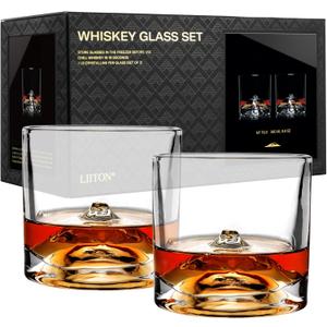 LIITON Mount Fuji Heavy Crystal Whiskey Glasses Gift Set of 2, Thick Freezable Bourbon Glass 1lb Each, Premium Whiskey Gifts for Men, Frozen Crystal Chills Cocktails, 10 oz