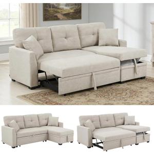Sectional Sleeper Sofa with Pull Out Bed, L Shape Convertible Linen Couch with Storage Chaise, 2 in 1 Pull Out Sofa Bed with 2 Seats, for Living Room, Apartment, Beige