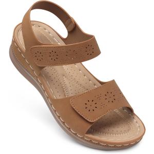 SHIBEVER Flat Sandals for Women Dressy: Comfortable Flats Sandals Women Open Toe Ankle Strap Walking Shoes Summer (Brown) Size 38