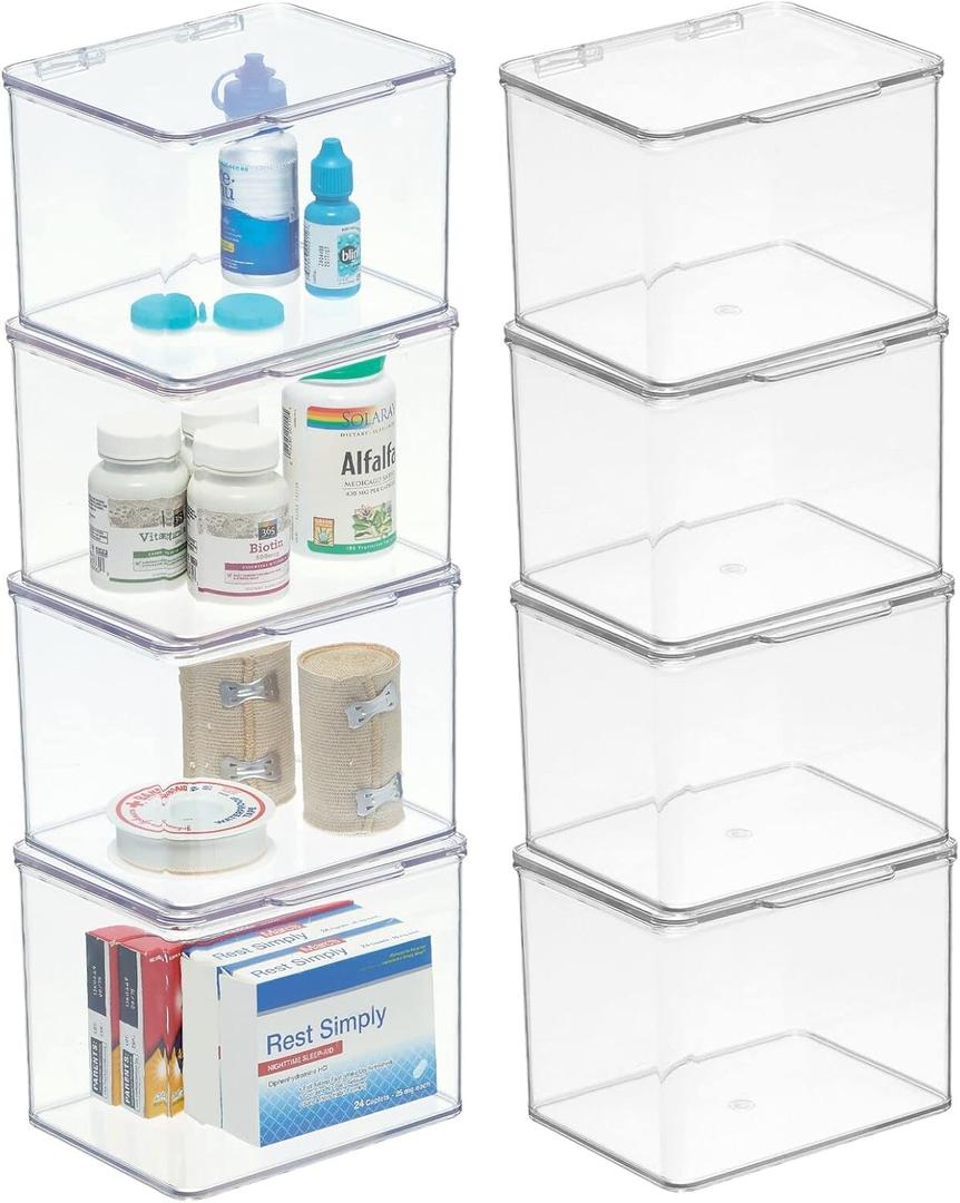 mDesign Plastic Bathroom Storage Organizer Box w/Hinge Lid for Closet, Shelf, Cupboard, Vanity, Hold Medicine, Lotion, Cotton Swabs, Masks, Styling Tools, Lumiere Collection, 8 Pack, Clear