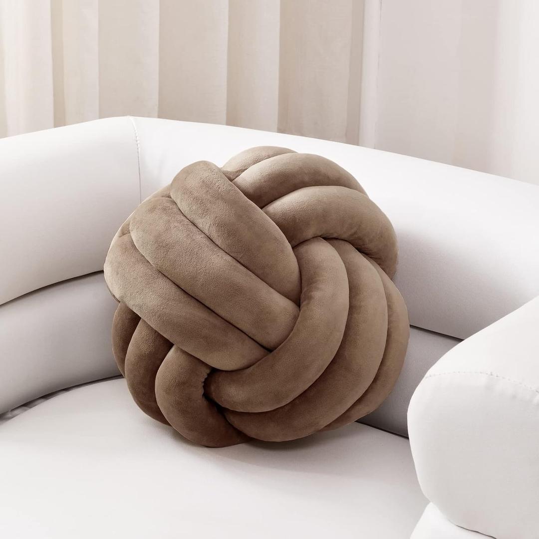 Sioloc Soft Knot Ball Pillows,Round Throw Pillow Cushion Home Decoration Plush Pillow,Throw Knotted Pillow Handmade Round Plush Pillow10.6inches,Brown