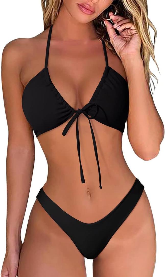OMKAGI Women Sexy Thong Bikini Swimsuit Set Push Up String Brazilian Bathing Suits (Medium, Black)