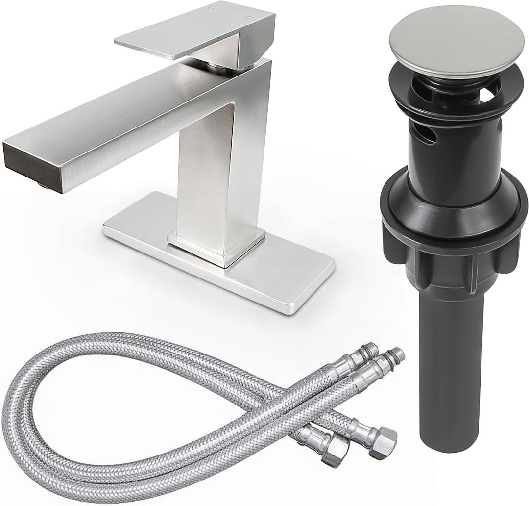 Bathroom Sink Faucet Brushed Nickel Single Handle Bathroom Faucet 1 Hole or 3 Holes with Optional Deck Plate, Stainless Steel Lavatory Vanity Faucet with Pop-up Drain and Water Supply Lines, 1.2 GPM