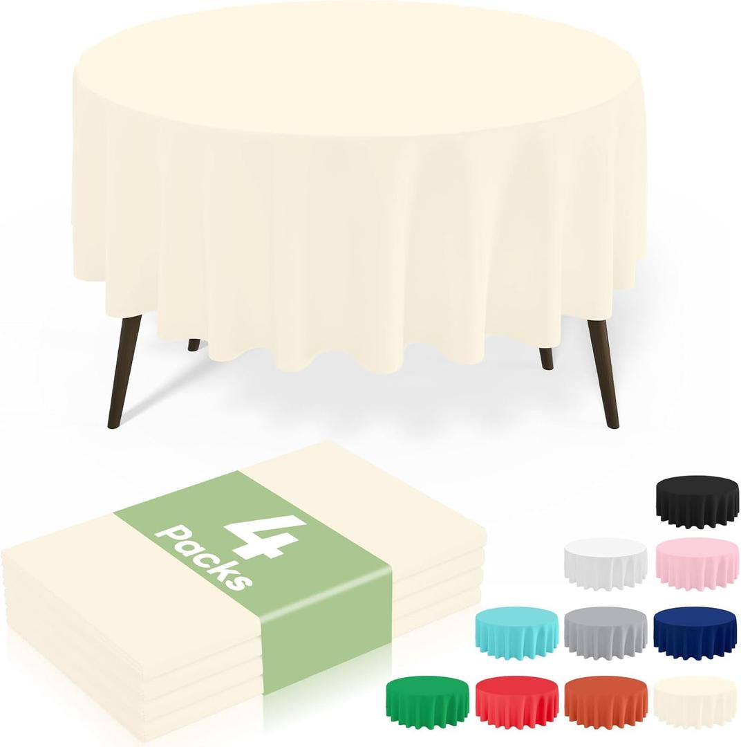 misaya 4 Packs Disposable Plastic Table Cloth, 84" Round Waterproof Tablecloth, Leakproof & Sturdy Decorative Table Covers for Picnic, Party and Outdoor, Beige