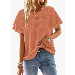 BETTE BOUTIK Summer Womens Short Sleeve Boho Tops Fashion Casual Crew Neck Shirts Swiss Dots Blouses M Orange